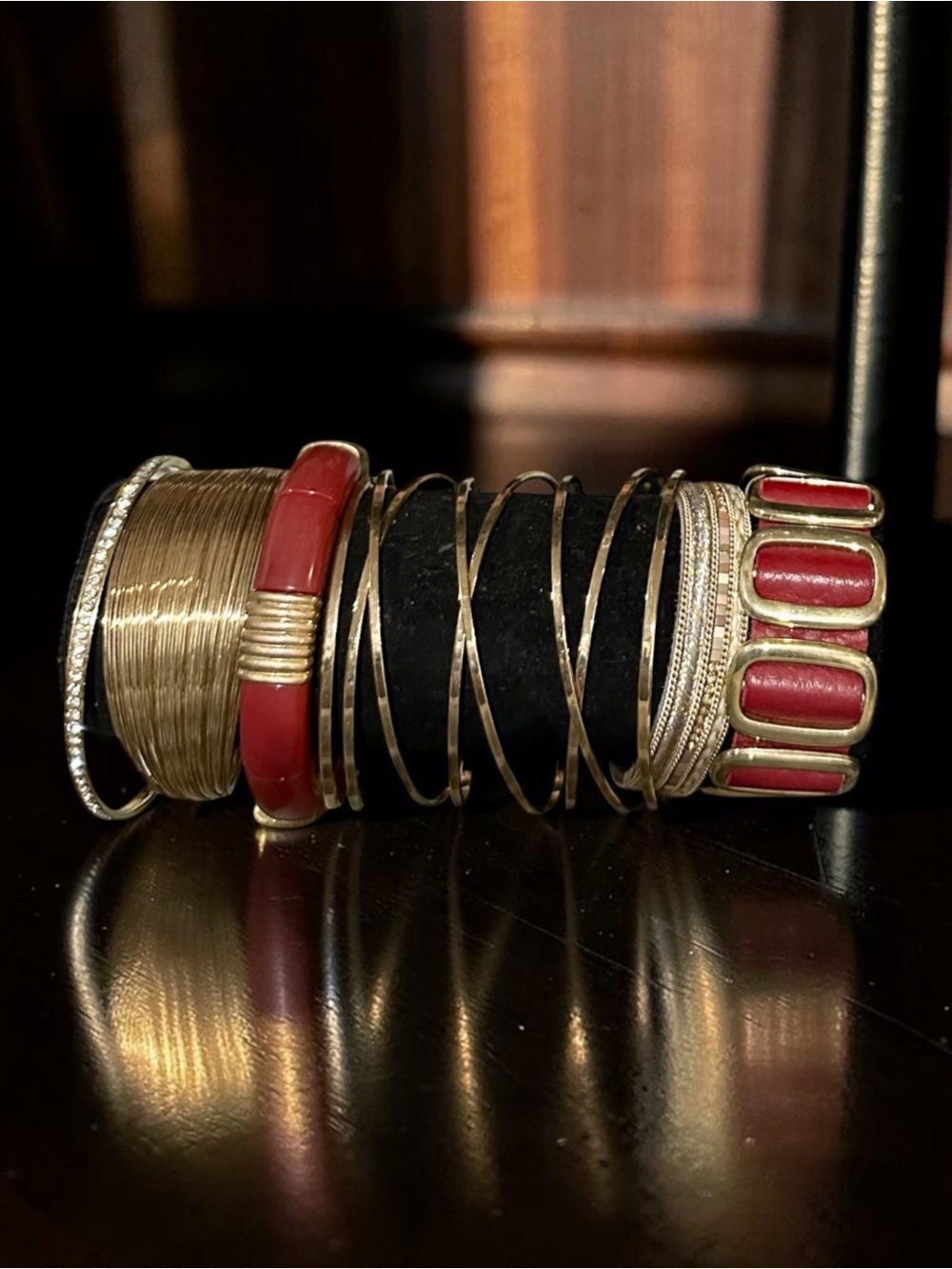 Boho Chic Gold Red Statement Bracelet Stack Custom 6 Piece Bangle Set MixedMedia
